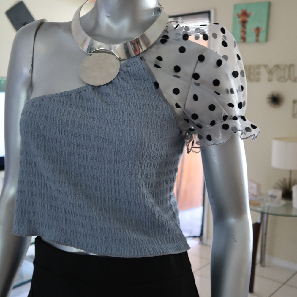 Stylish Blue and White Polka Dot One-Shoulder Top